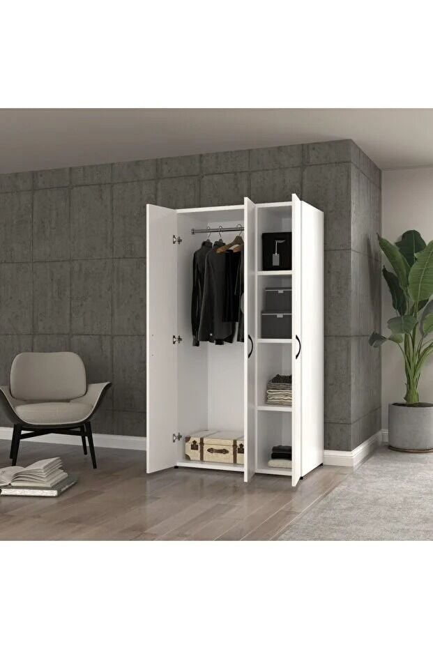 Ceviz Suntalam 3 Kapaklı Geniş Gardrop - Elbise Dolabı 90x41 cm Beyaz