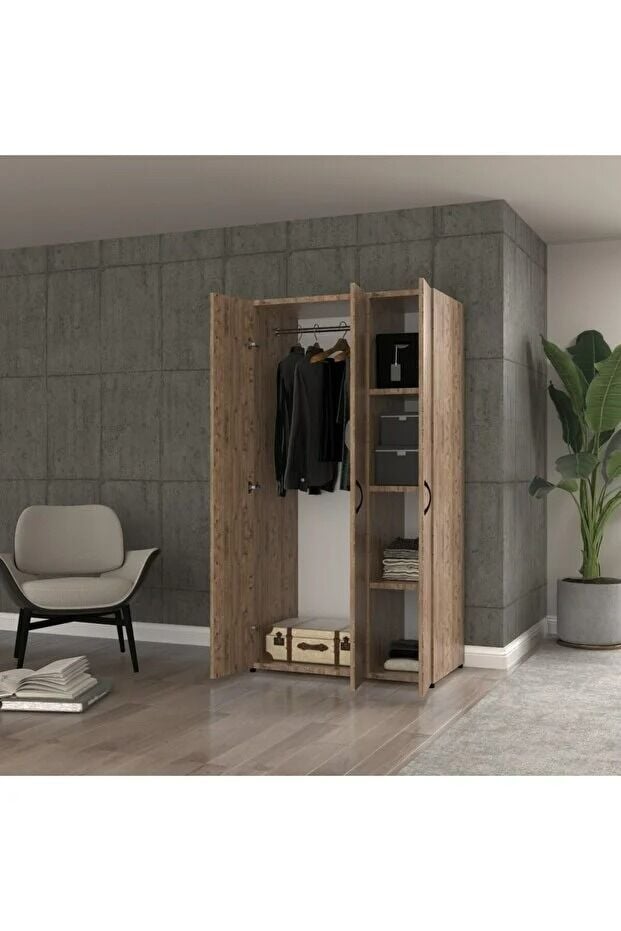 Ceviz Suntalam 3 Kapaklı Geniş Gardrop - Elbise Dolabı 90x41 cm Ceviz